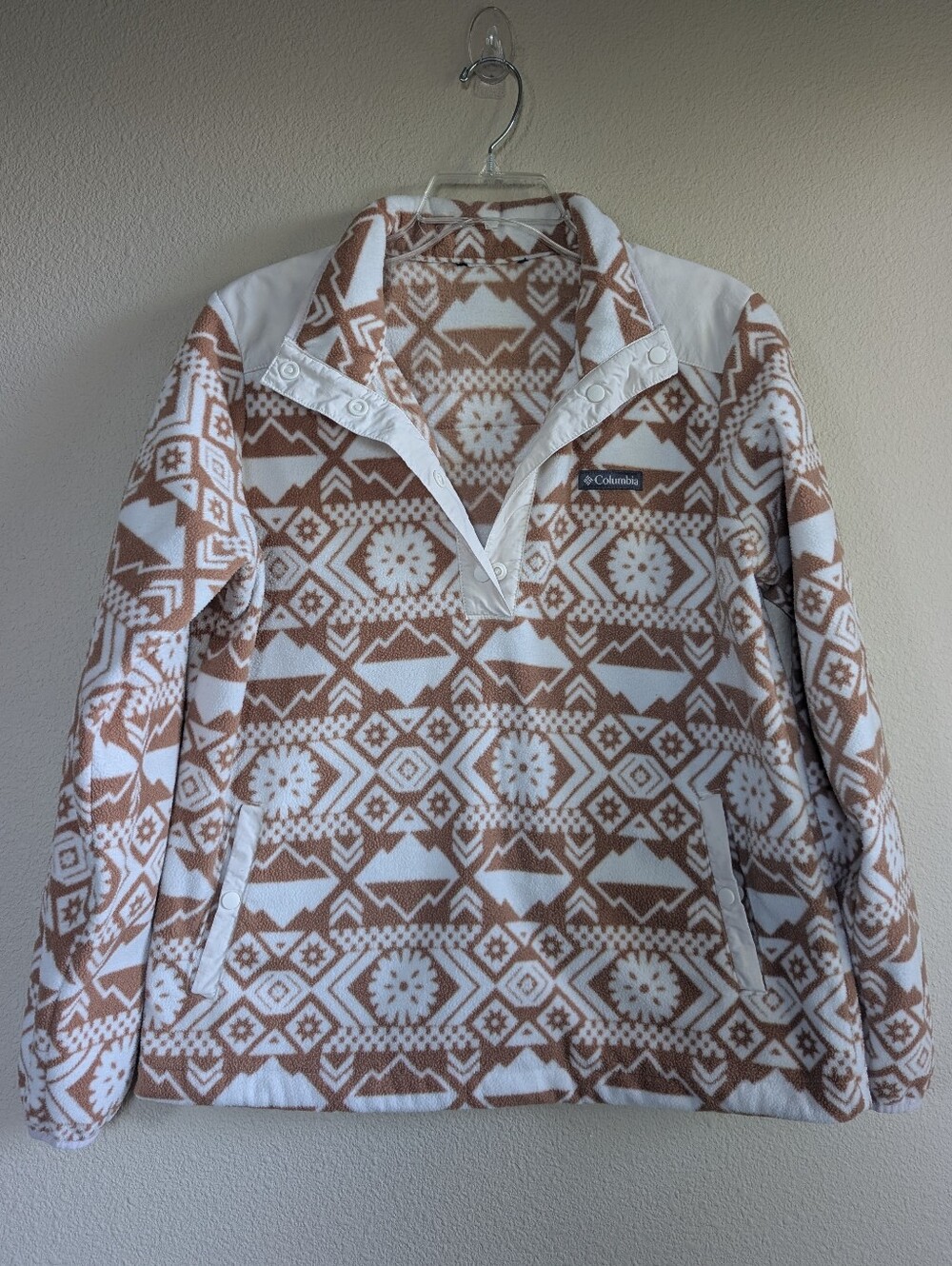 Columbia Size Large Helvetia Half Snap White & Tan Geometric Fleece Pullover